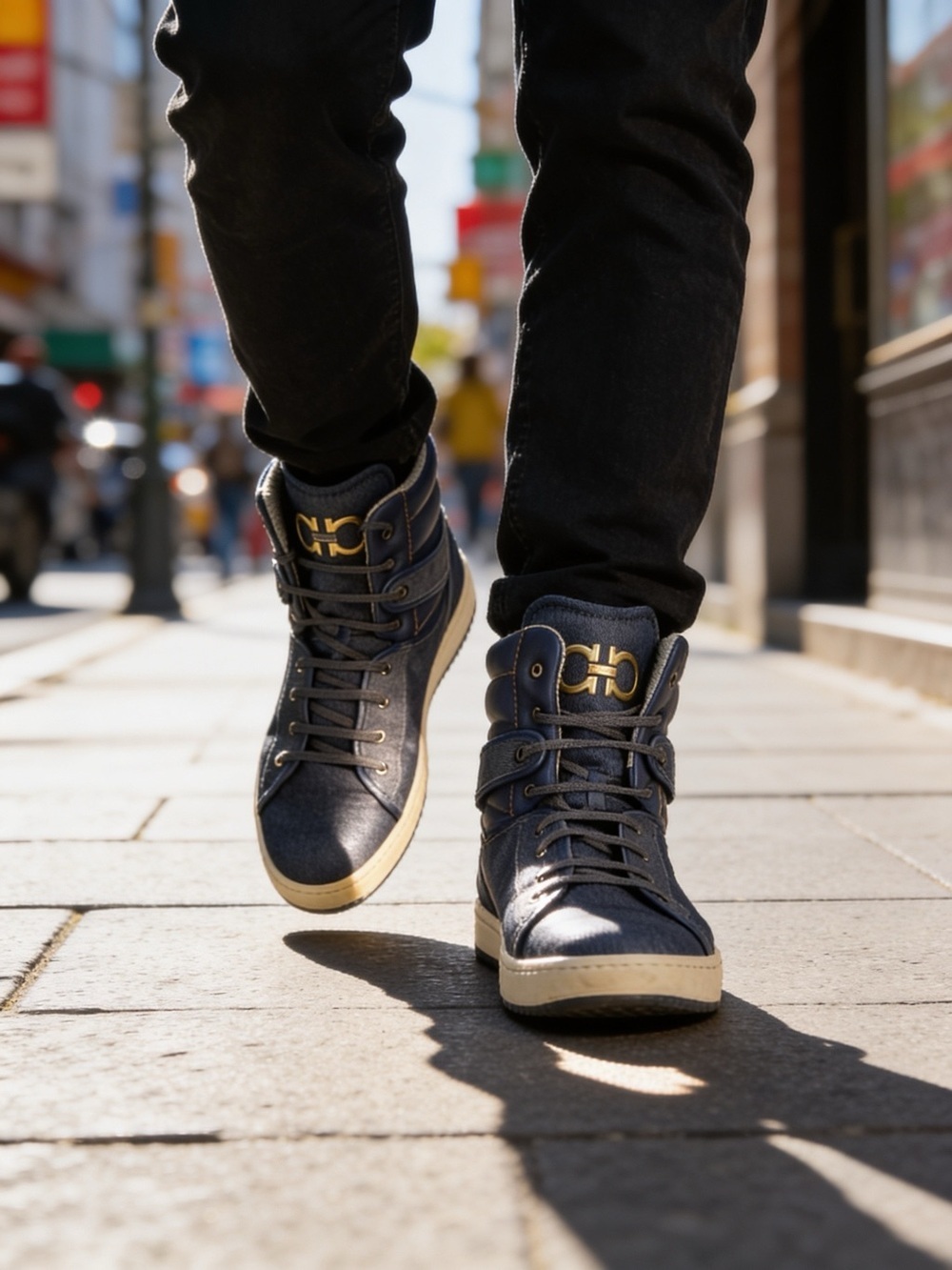 Men’s Salvatore Ferragamo denim and leather high-top sneakers with logo size 15
